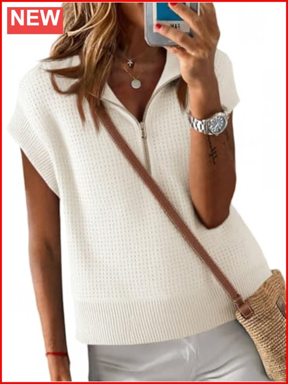 Womens Cropped Knit Sweater Vest Half Zip Cap Sleeve Lightweight Oversized Top
